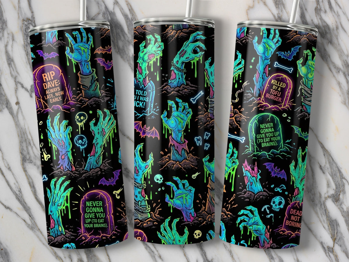 Tumblers with zombie hands, gravestones with text "RIP DAVE," "TOLD U I WAS ICK," and "DEAD NOT BORING."