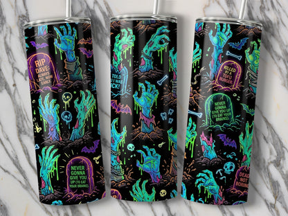 Tumblers with zombie hands, gravestones with text "RIP DAVE," "TOLD U I WAS ICK," and "DEAD NOT BORING."
