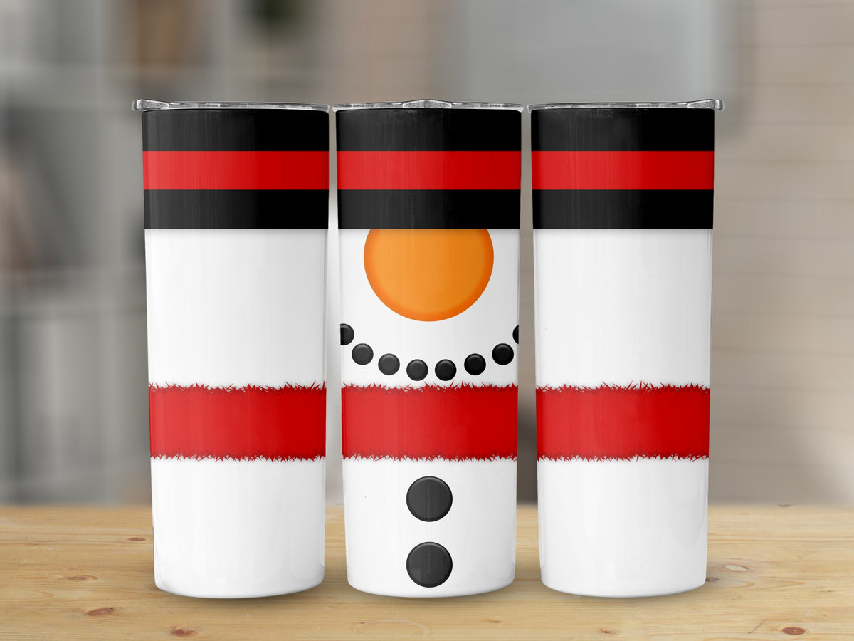 Three tumblers with a snowman design featuring red and black stripes.
