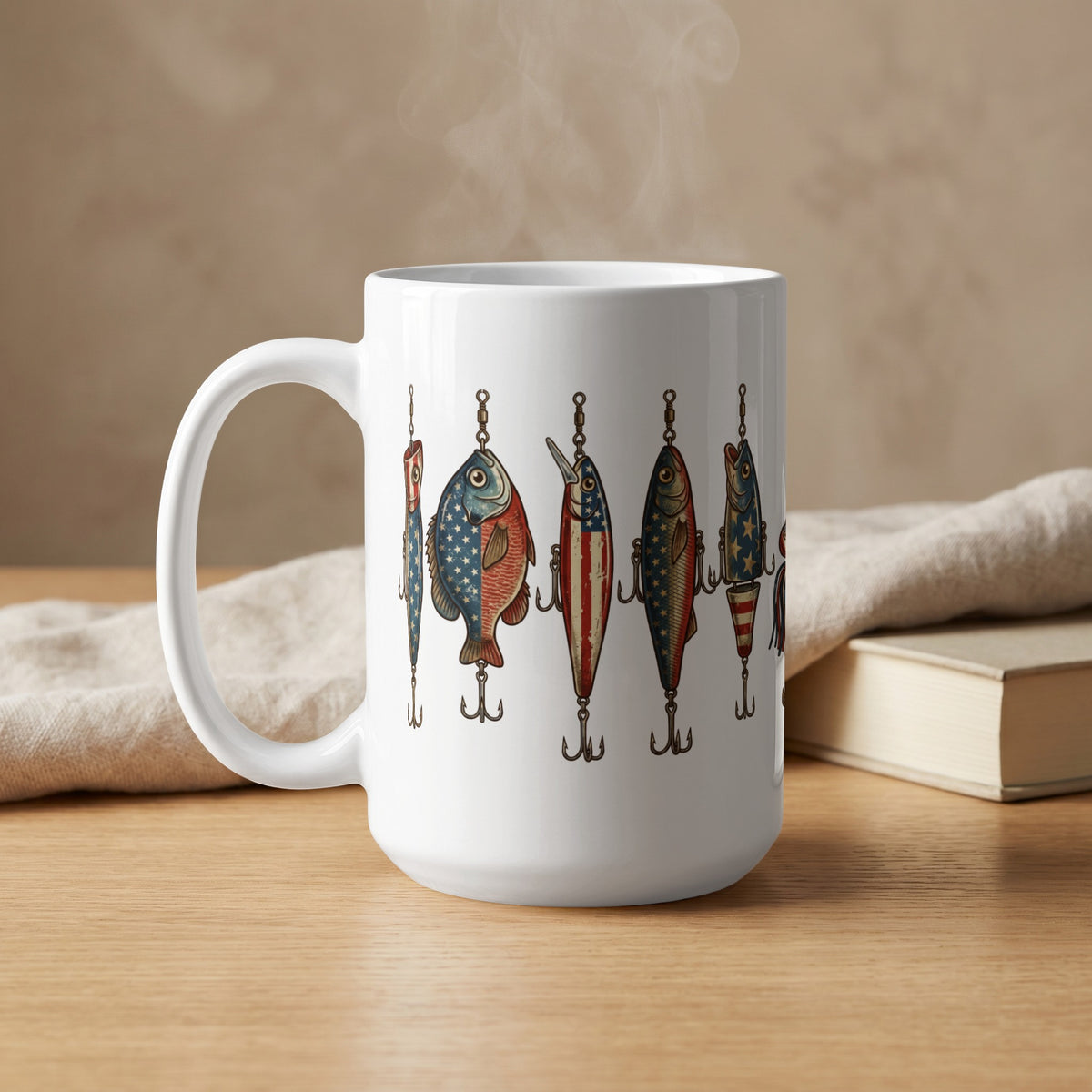 White mug with American flag-themed fishing lures design, steam rising.