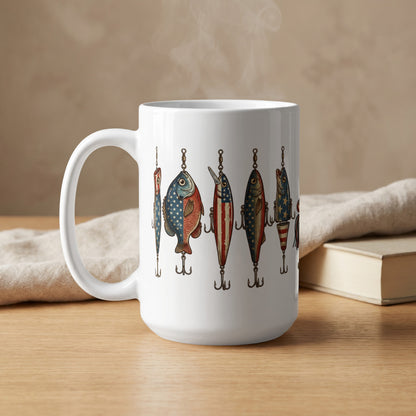 White mug with American flag-themed fishing lures design, steam rising.