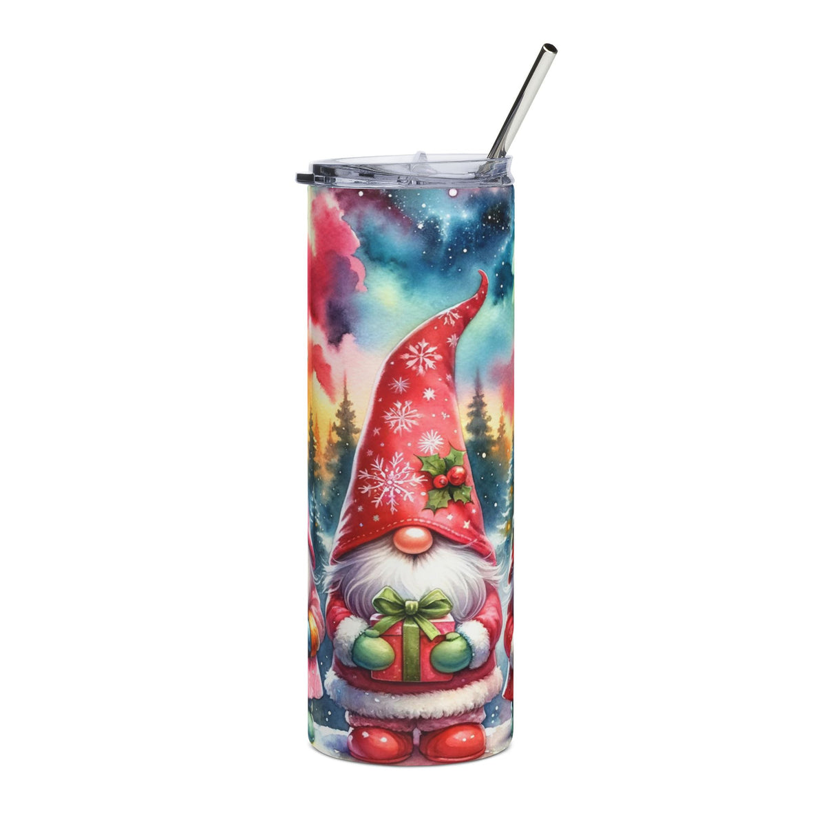 Tall tumbler with Christmas gnome and starry winter sky design, holding gift.