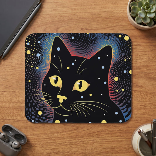 Black cat with yellow eyes and whiskers on a starry, abstract background mousepad.