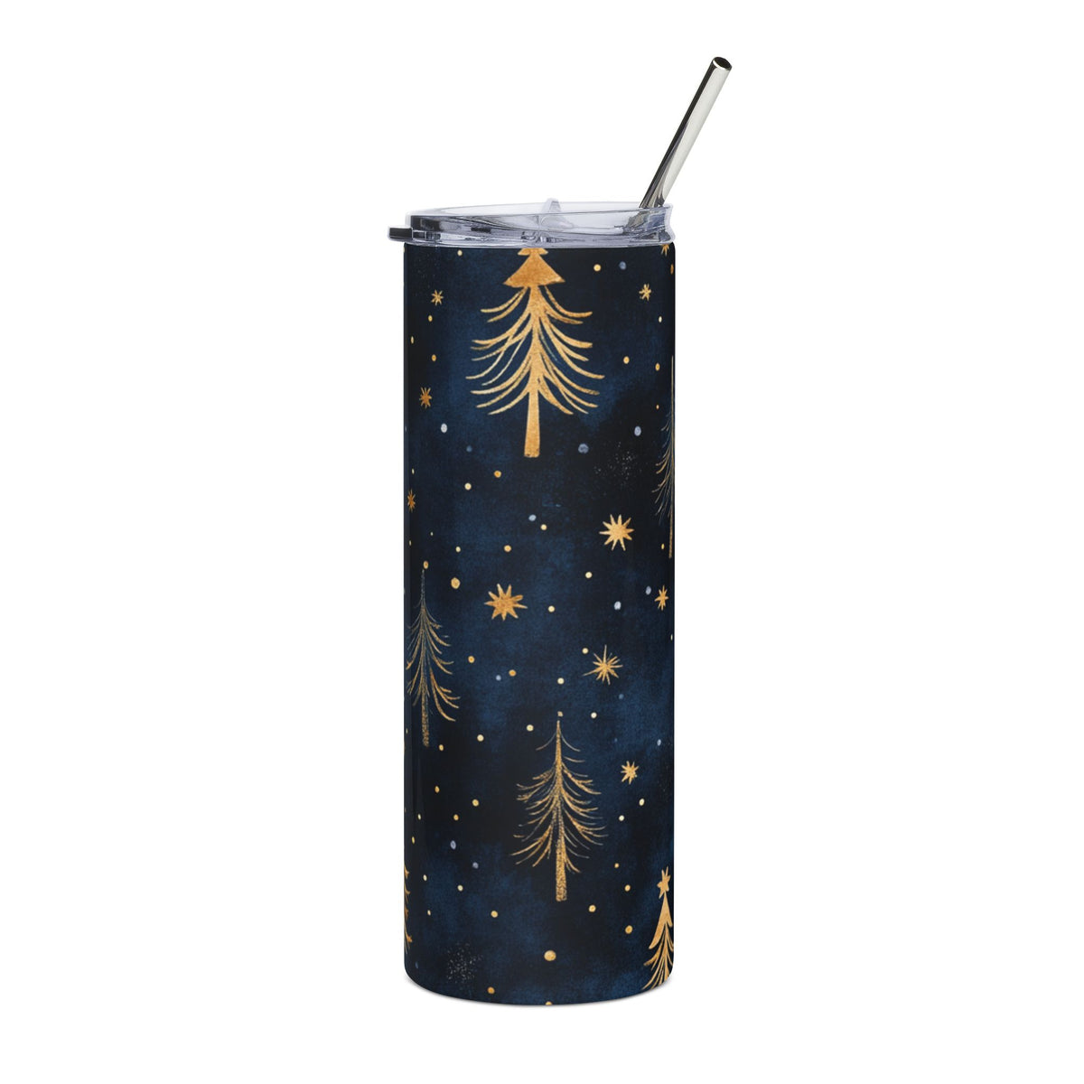 Dark blue tumbler with gold Christmas trees and stars pattern and metal straw.