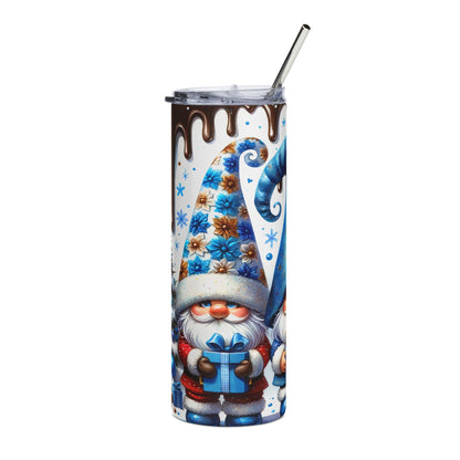 Tumbler with gnomes holding gifts, blue flowers, and snowflakes, and chocolate drips.