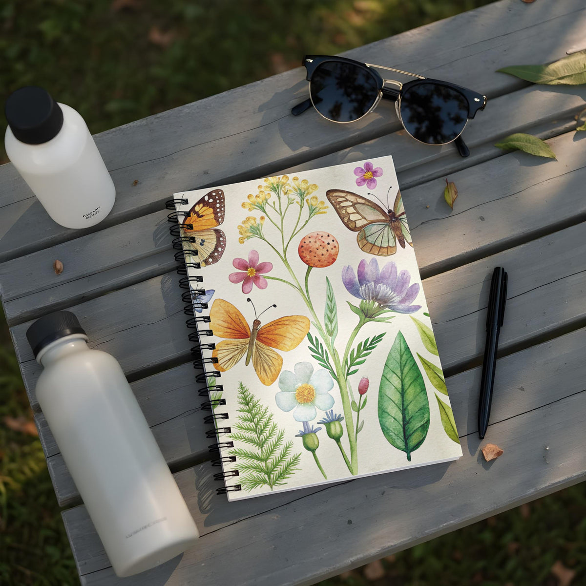 Notebook with watercolor butterflies, flowers, and leaves on a wooden table.