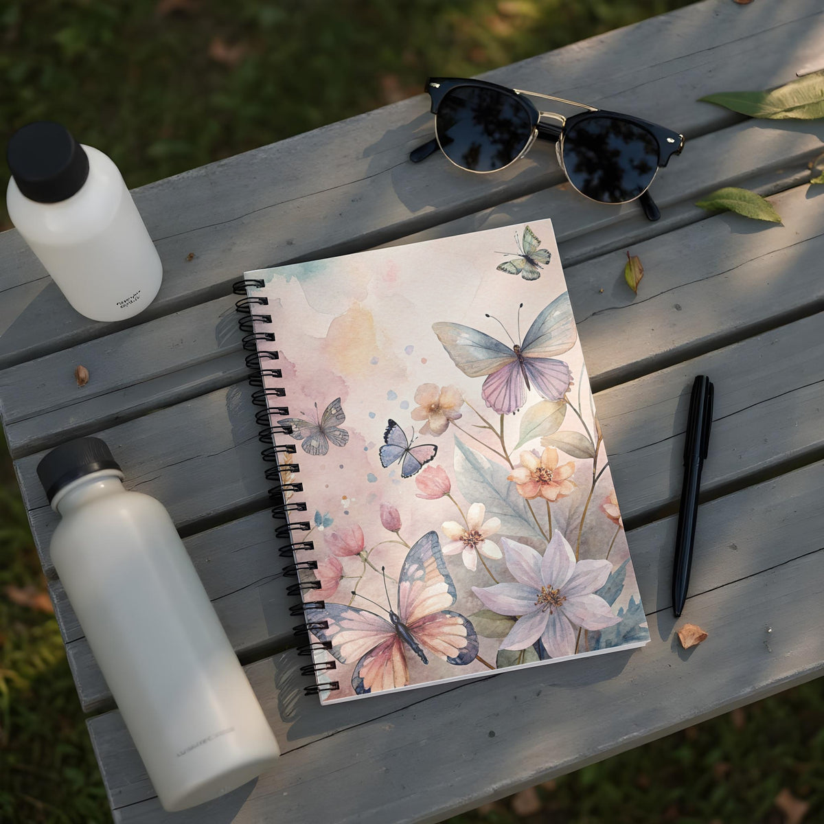 Spiral notebook with a watercolor floral and butterfly design.
