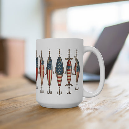 White mug with a pattern of vintage-style fishing lures decorated with American flags.