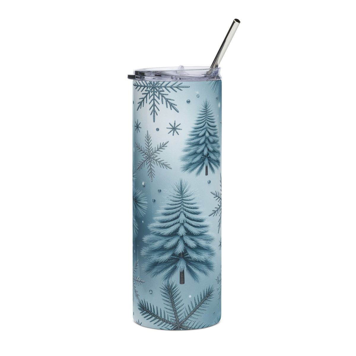 Tumbler with blue snowflake and pine tree pattern and metal straw