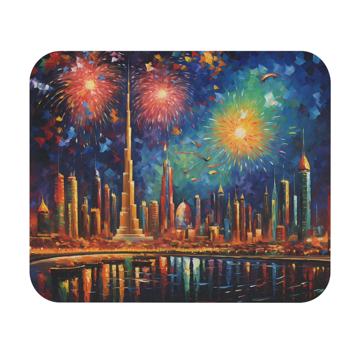 Impressionist painting of Dubai skyline with fireworks reflecting in the water.