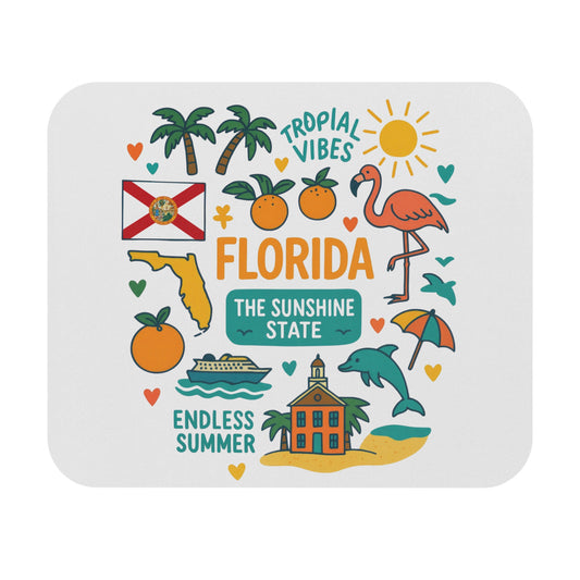 Florida map, flag, oranges, flamingo, cruise ship, and text "Endless Summer".