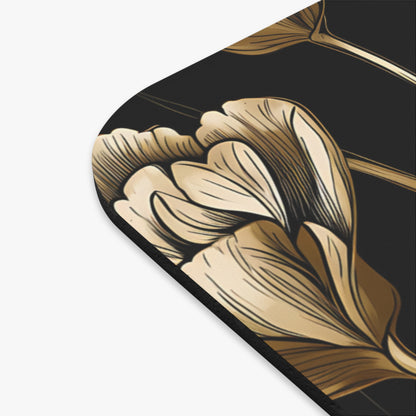 Gold floral design on a black background with a white border.