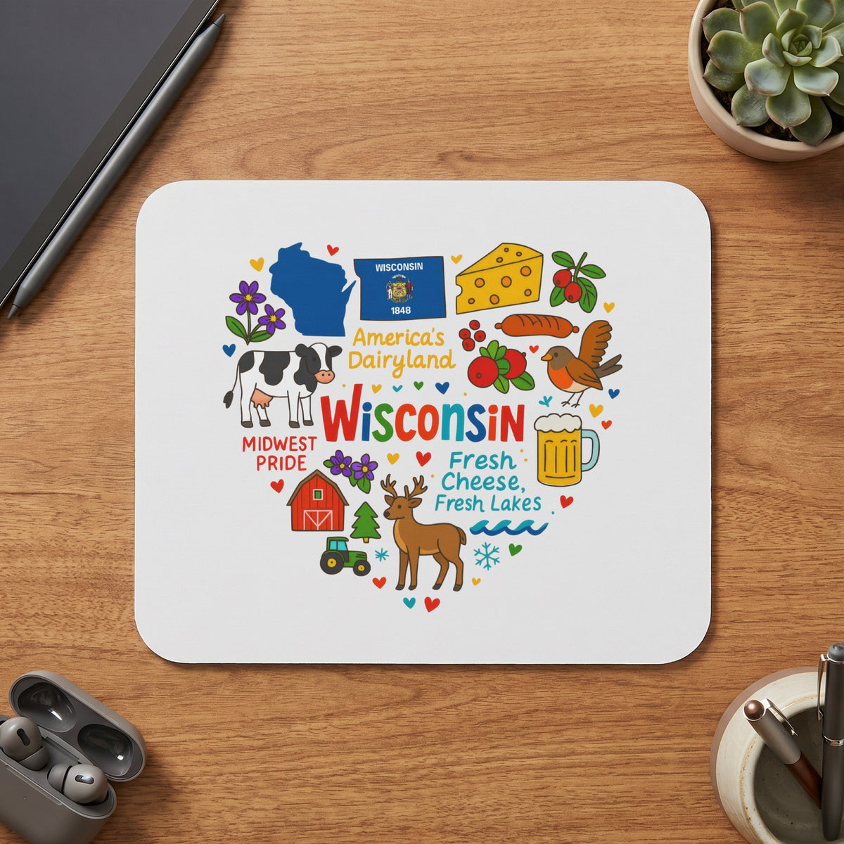 Heart-shaped Wisconsin graphic with state outline, flag, cheese, cow, barn, tractor, deer, and text.