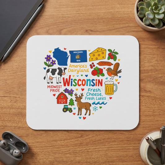 Heart-shaped Wisconsin graphic with state outline, flag, cheese, cow, barn, tractor, deer, and text.