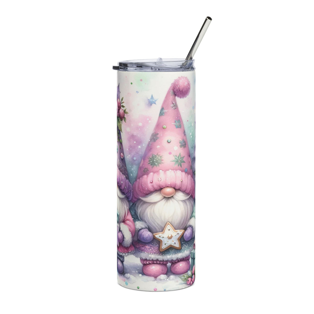 Tumbler with a pink gnome holding a star cookie and surrounded by pastel stars.