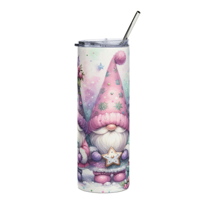 Tumbler with a pink gnome holding a star cookie and surrounded by pastel stars.