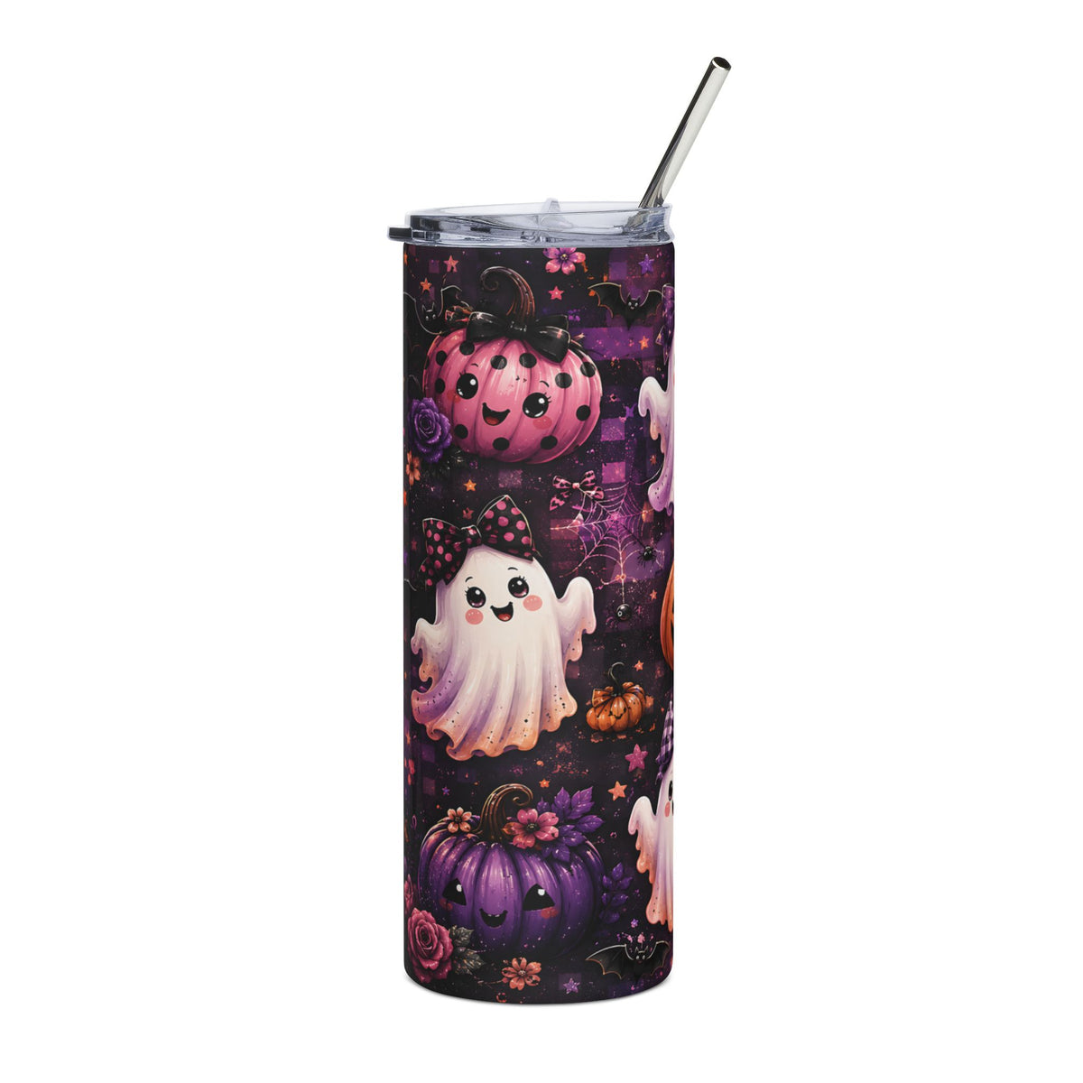 Tumbler with Halloween ghosts, pumpkins, bats, and flowers on a dark background.