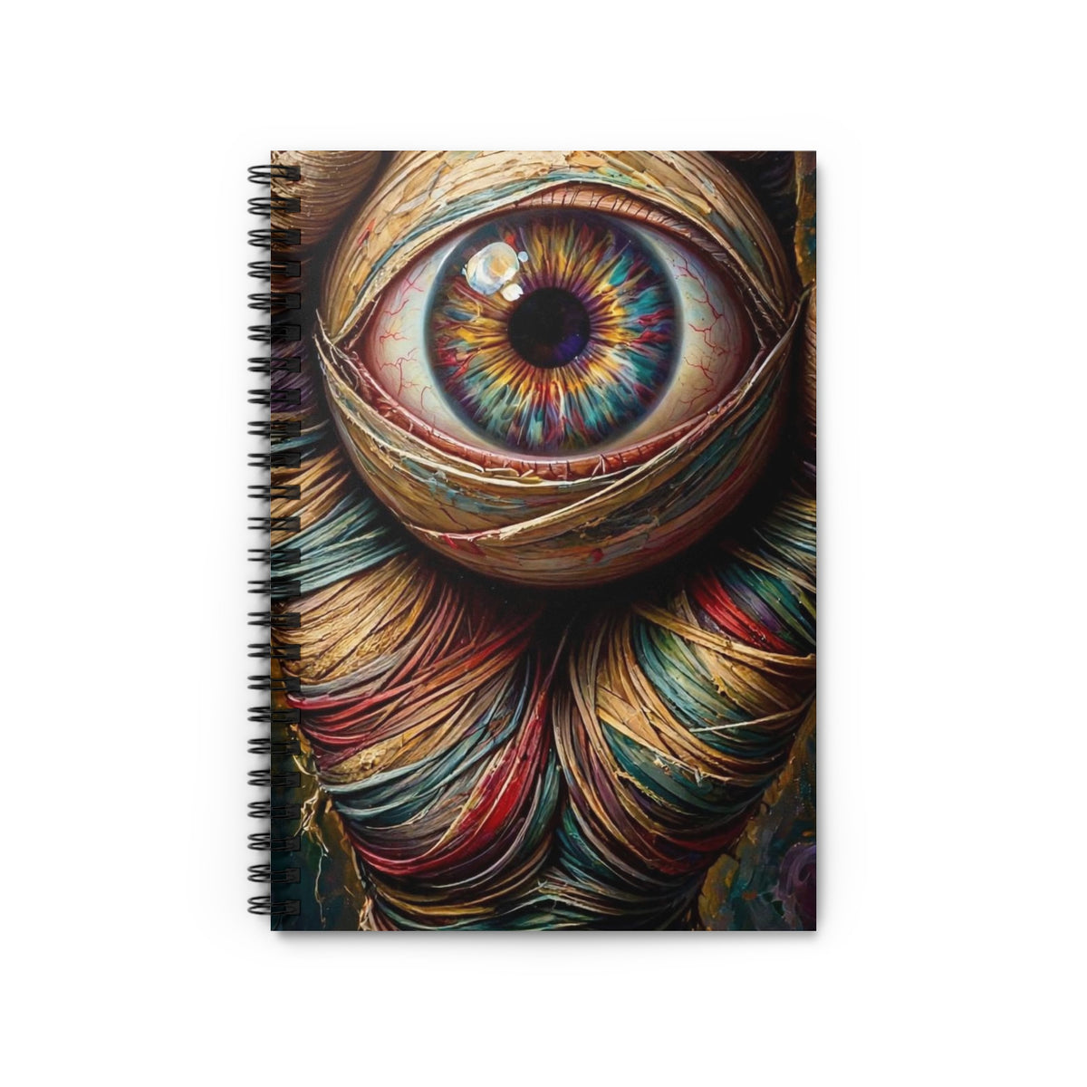 Spiral bound notebook with a detailed, surreal eye design and textured, colorful wraps.