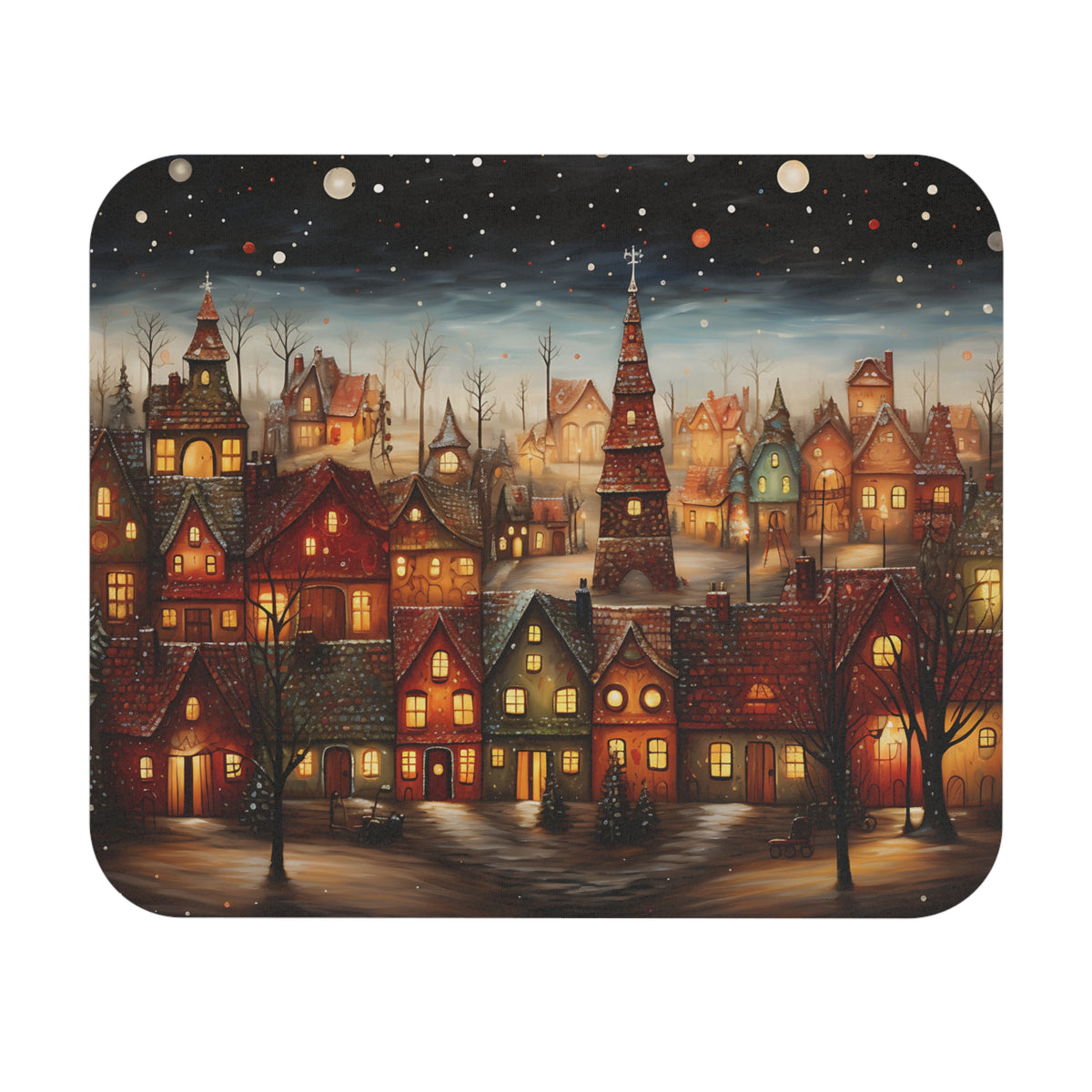 Cozy, illuminated village houses at night with snow and a starry sky.
