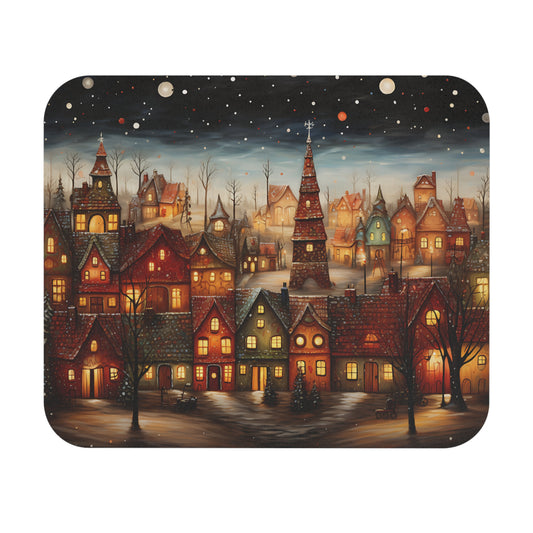 Cozy, illuminated village houses at night with snow and a starry sky.
