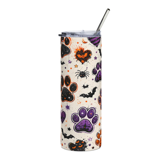Halloween tumbler with paw prints, bats, spiders, and haunted castles pattern.