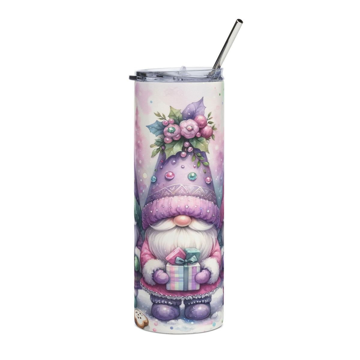 Tumbler featuring a watercolor gnome holding gifts with a festive floral hat.