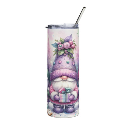 Tumbler featuring a watercolor gnome holding gifts with a festive floral hat.