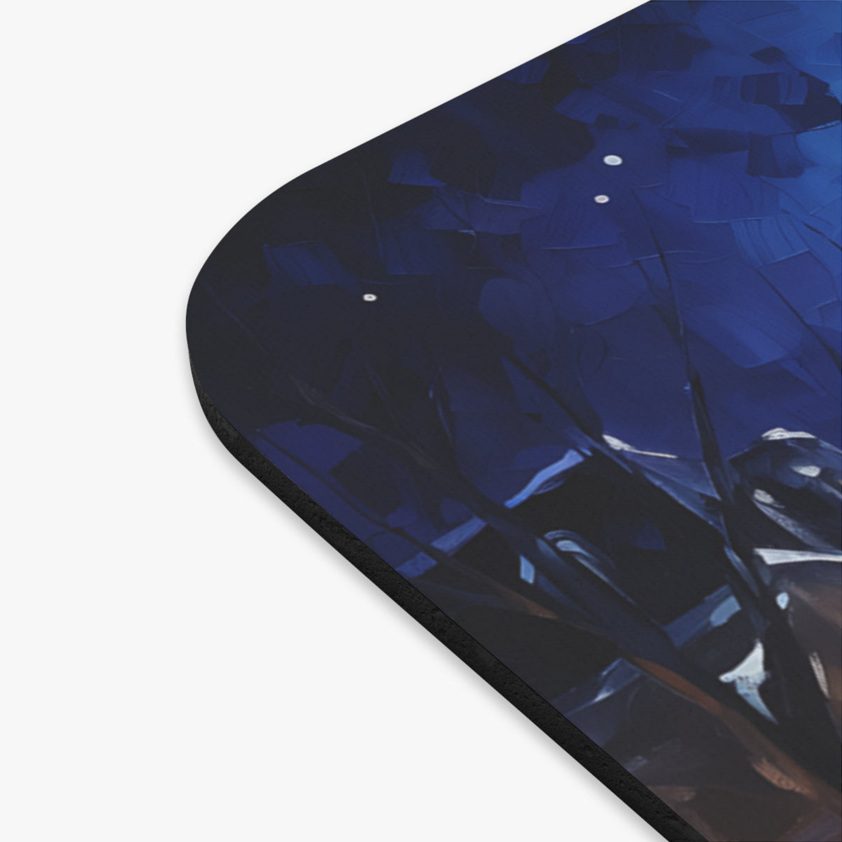Abstract dark blue and black painting with visible brushstrokes and white highlights.