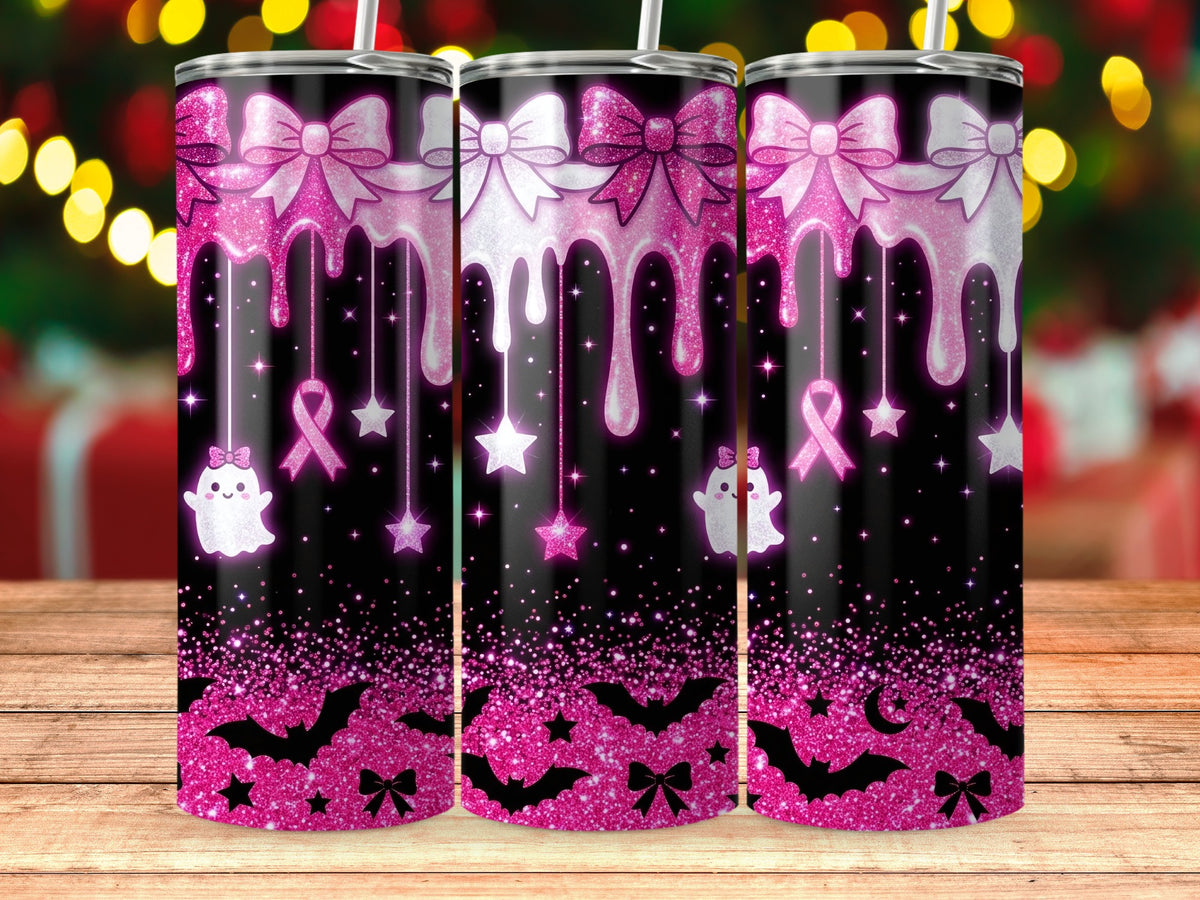 Tumblers with pink glitter bows, drips, ghosts, bats, and stars on black.