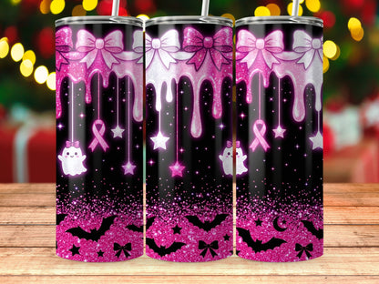 Tumblers with pink glitter bows, drips, ghosts, bats, and stars on black.