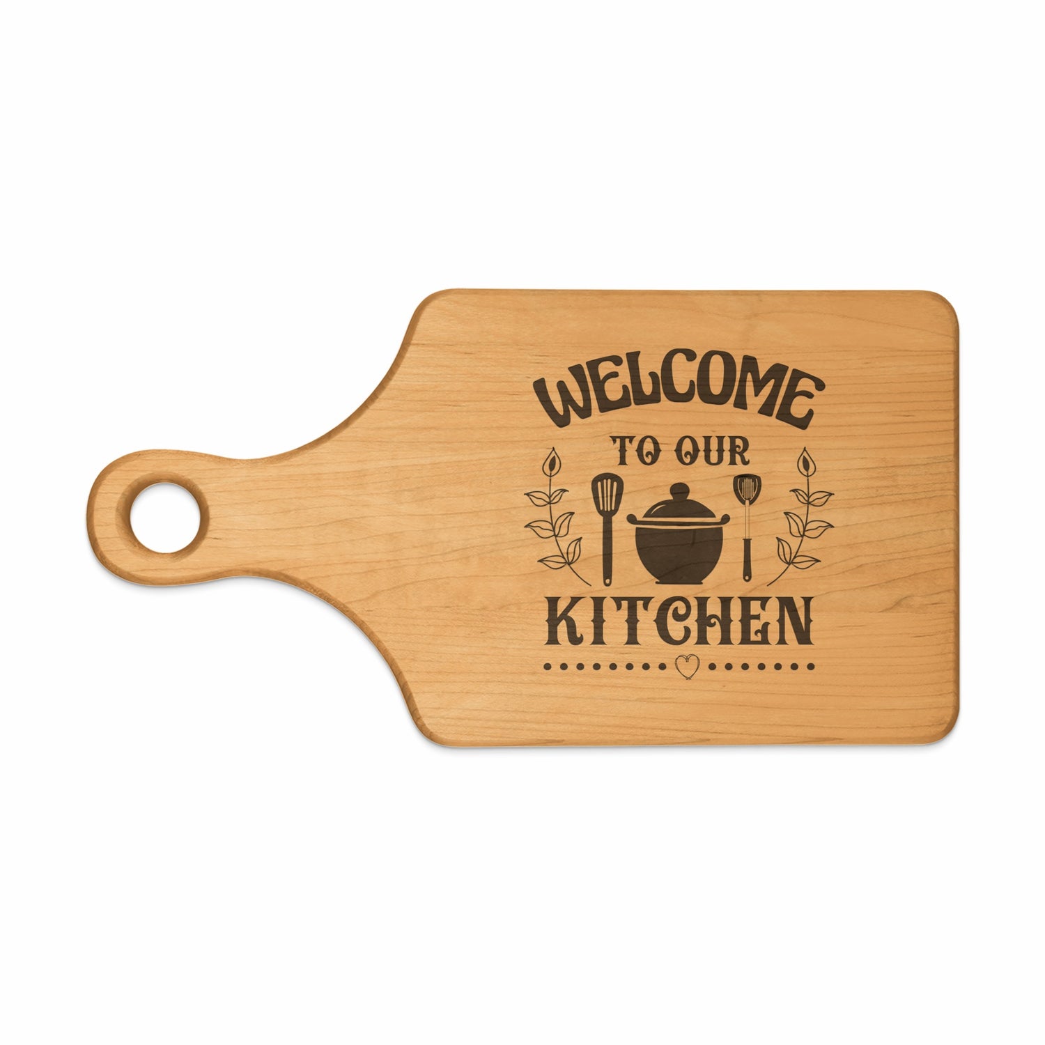 Wooden cutting board with laser-engraved "Welcome to Our Kitchen" text and kitchen icons.