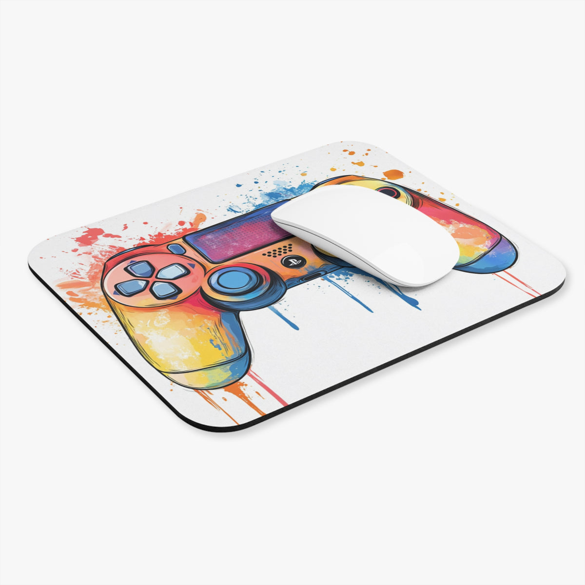 Mousepad with colorful watercolor video game controller art and a white mouse.