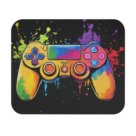 Gaming controller with colorful paint splatters on a black background.