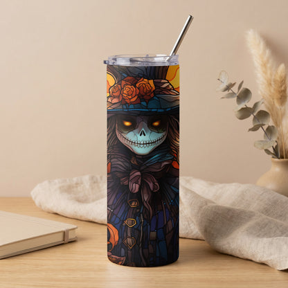 Tall tumbler with a stained glass-style skull and roses design.