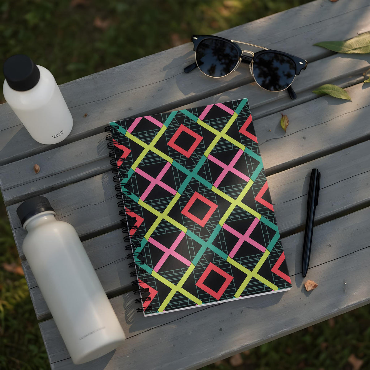 Spiral notebook with geometric pattern and two water bottles on a wooden bench.