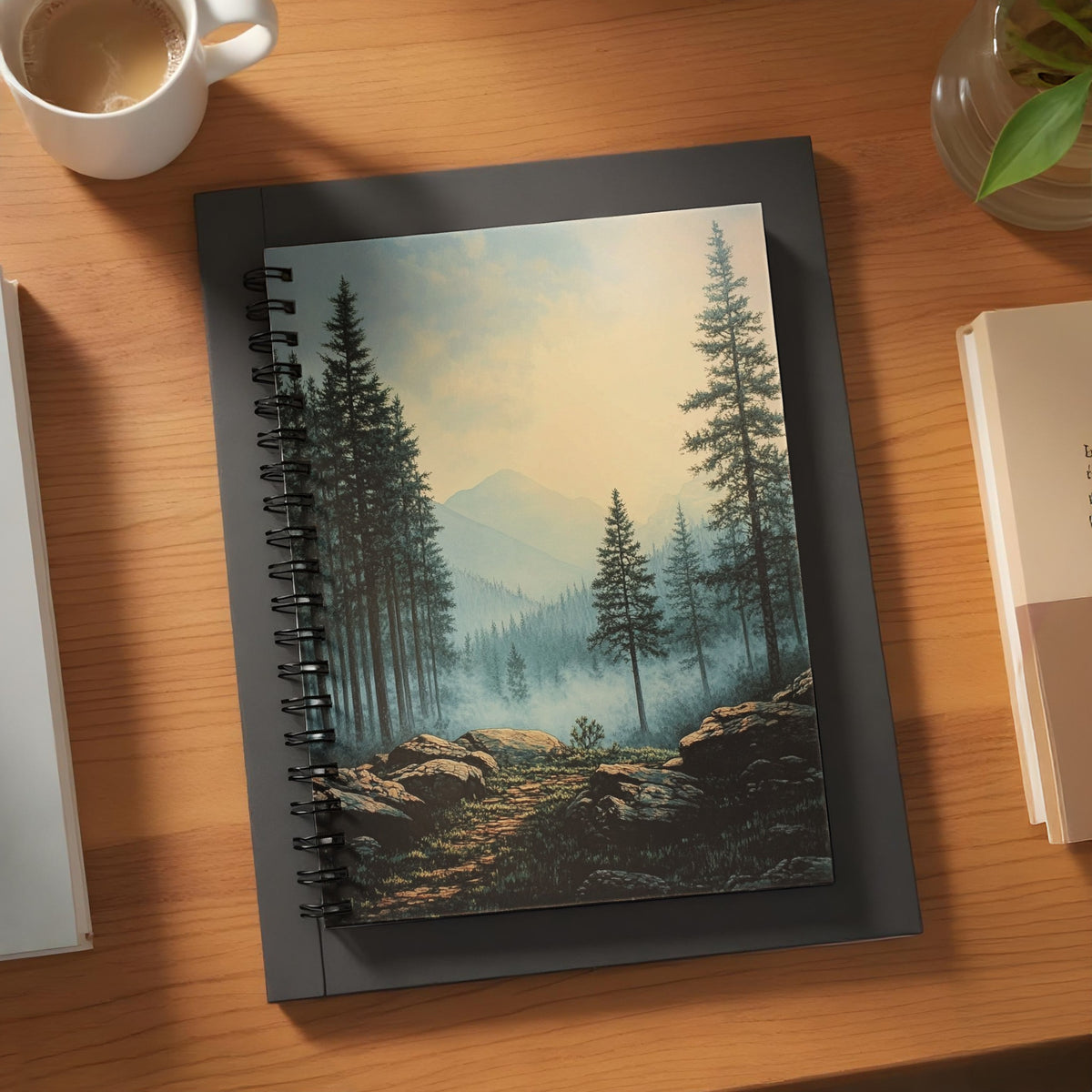 Spiral bound notebook with forest landscape art and distant mountains.
