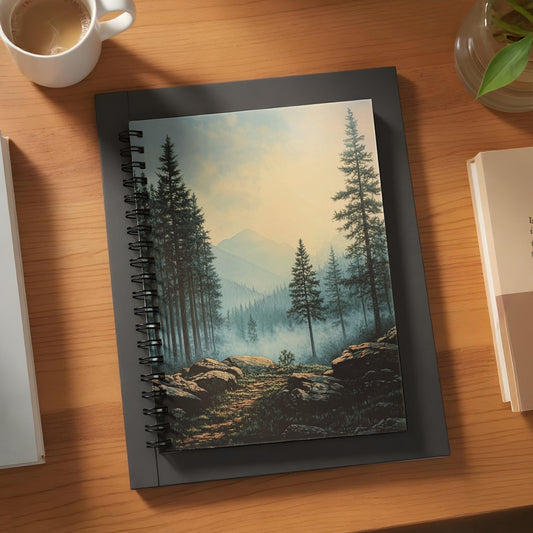 Spiral bound notebook with forest landscape art and distant mountains.