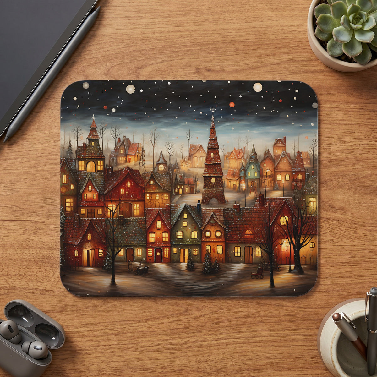 Cozy winter village scene with glowing windows and a starry night sky.