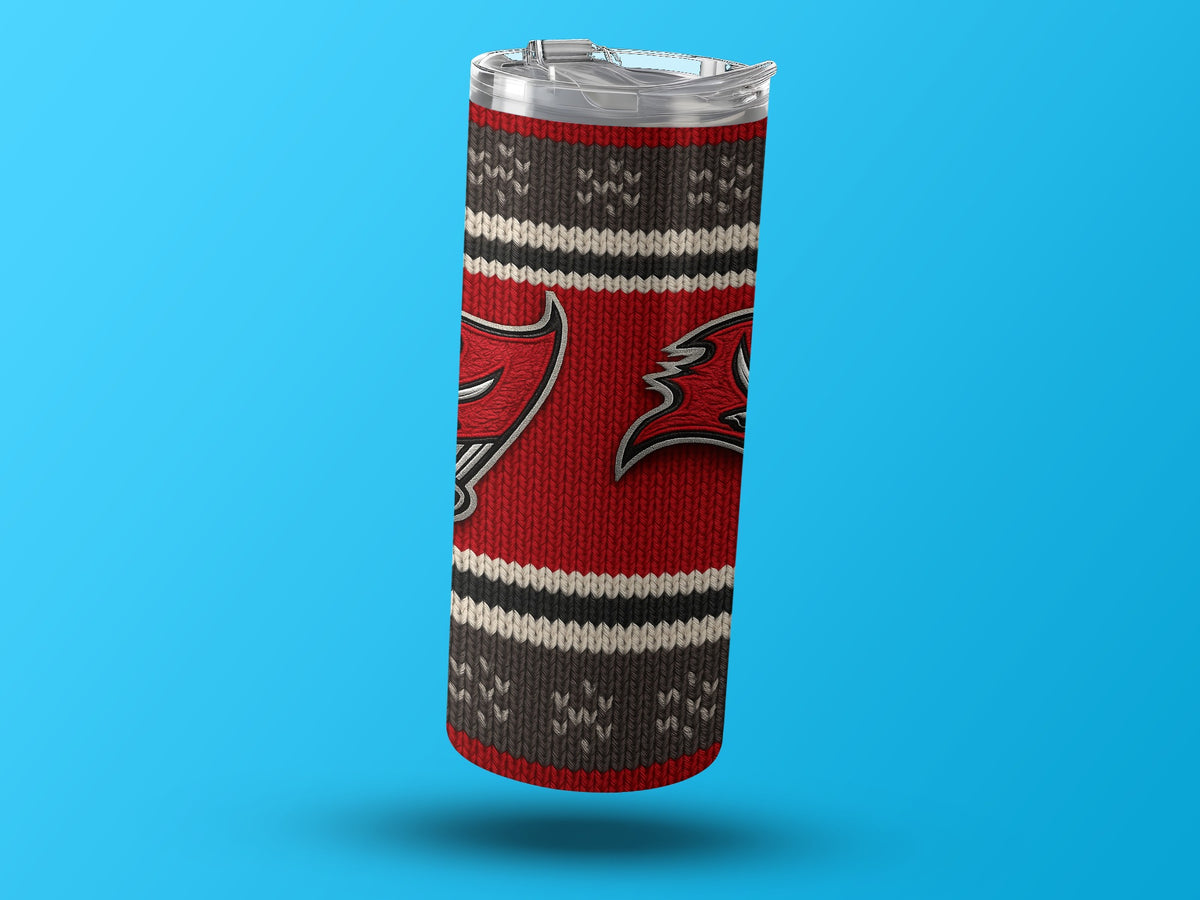 Tampa Bay Buccaneers logo on a red knit tumbler with white and gray stripes.