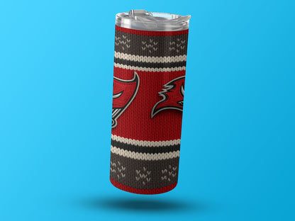 Tampa Bay Buccaneers logo on a red knit tumbler with white and gray stripes.
