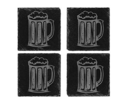 Set of four slate coasters, each with an etched beer mug design.