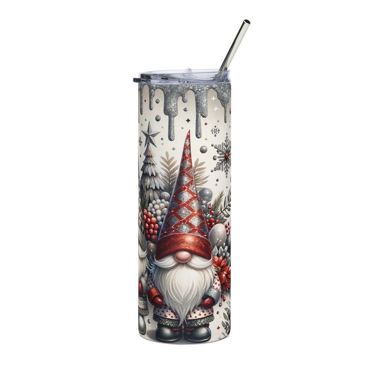 Tall tumbler with a Christmas gnome and festive pattern, featuring a straw.