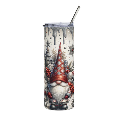 Tall tumbler with a Christmas gnome and festive pattern, featuring a straw.