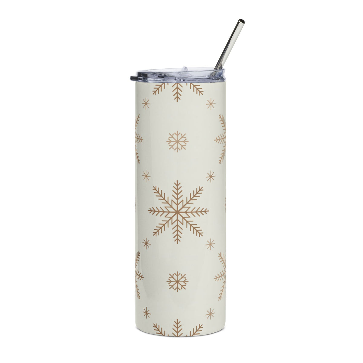 Cream tumbler with repeating brown snowflake pattern and metal straw.