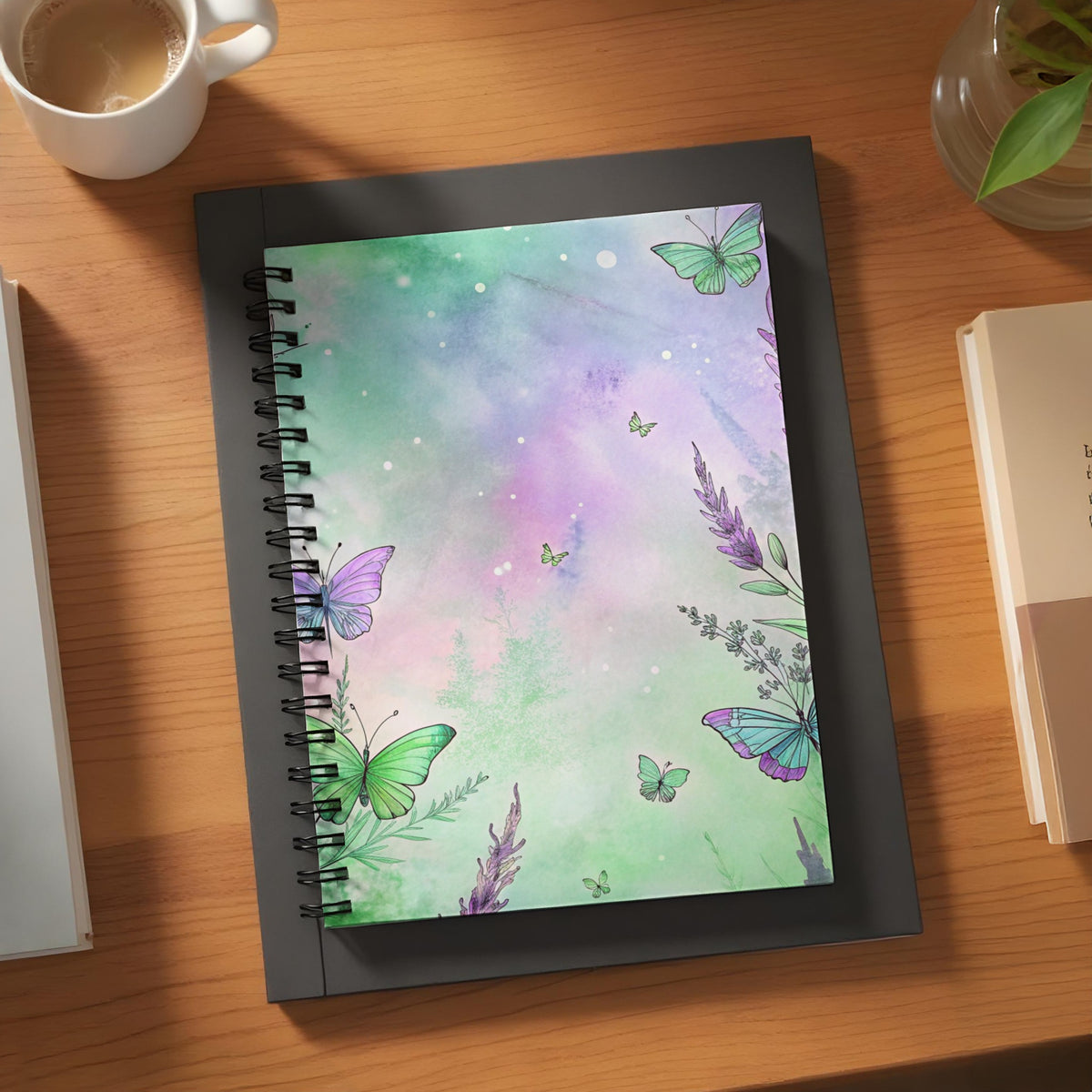 Spiral notebook with a watercolor design of butterflies and lavender flowers.