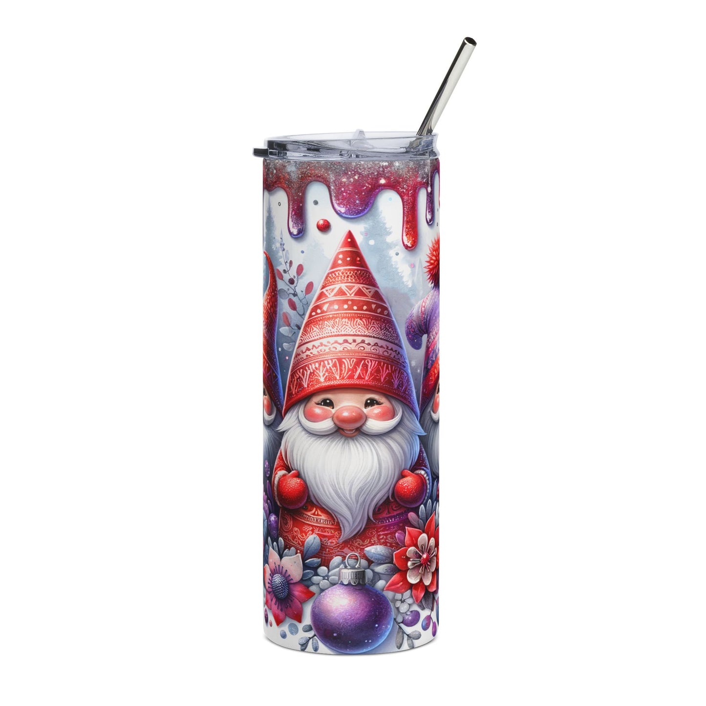 Tumbler with a gnome, festive patterns, flowers, and a purple ornament.