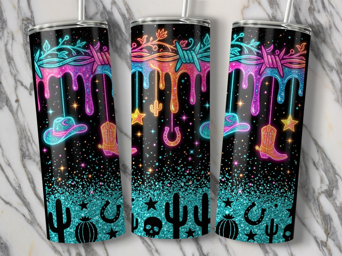 Three tumblers with neon western designs, including barbed wire, dripping glitter, cowboy hats, and boots.