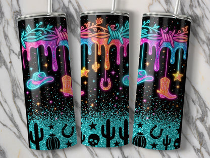Three tumblers with neon western designs, including barbed wire, dripping glitter, cowboy hats, and boots.