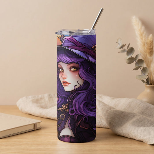 Purple witch illustration on a tall tumbler with a metal straw.