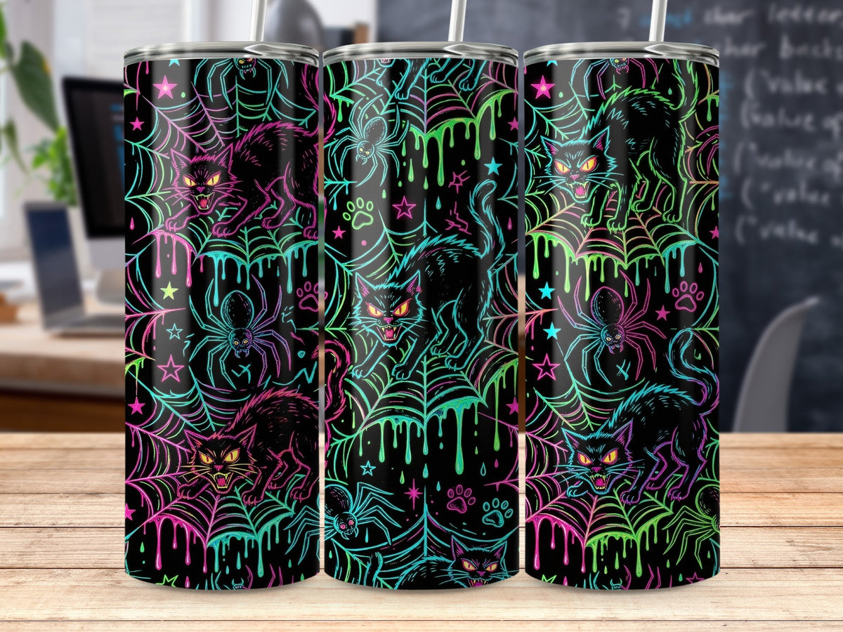 Black cats and spiders on a neon web pattern with dripping slime.